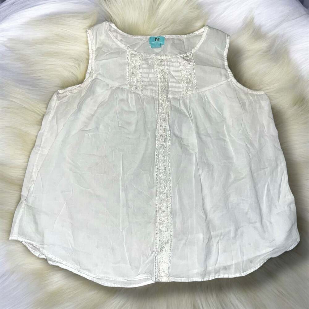 South Main White Sleeveless Tank Top with Lace Detail, Women's Size M